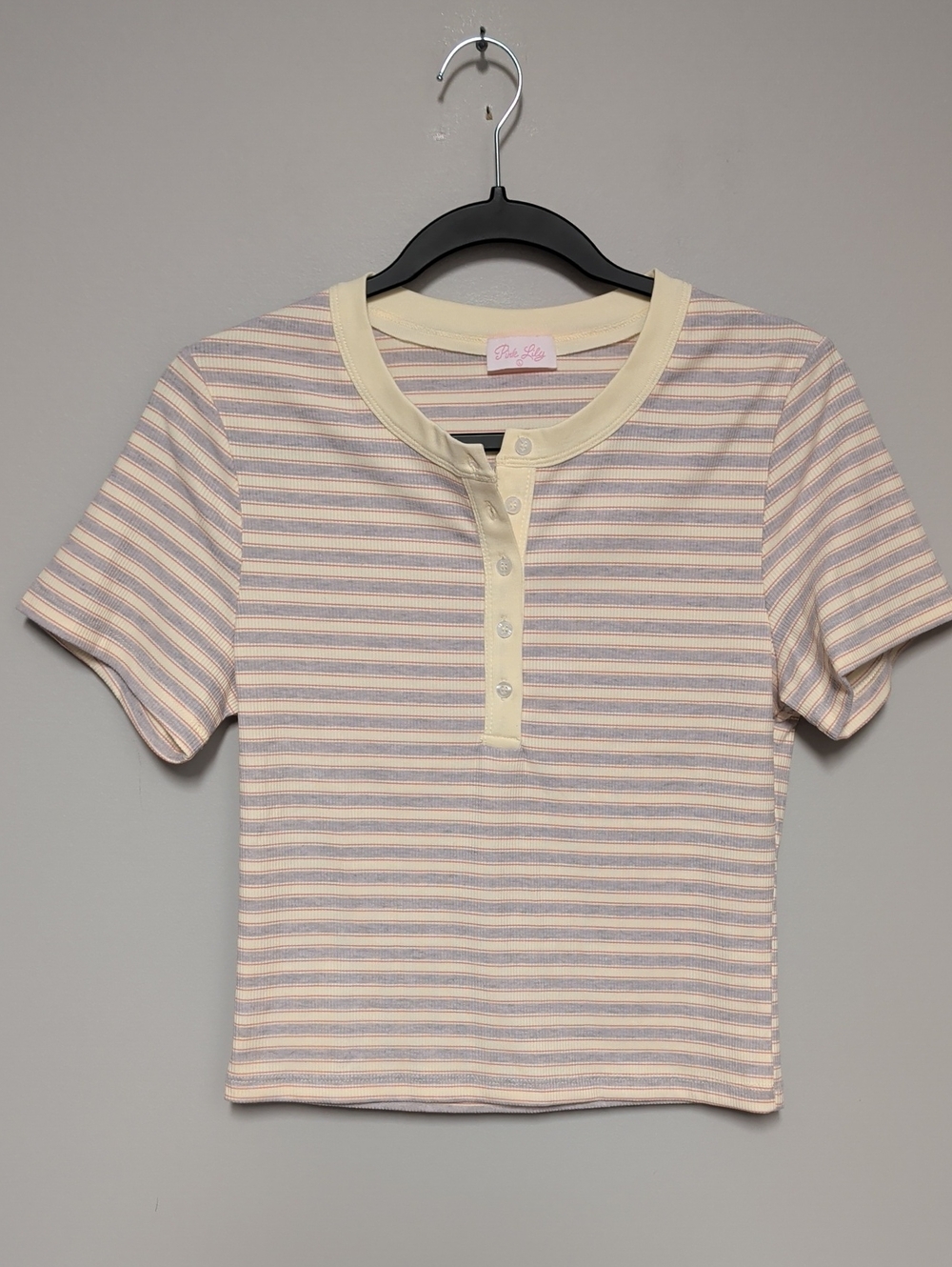 Pink Lily Cream & Lavender Striped Henley Crop Tee